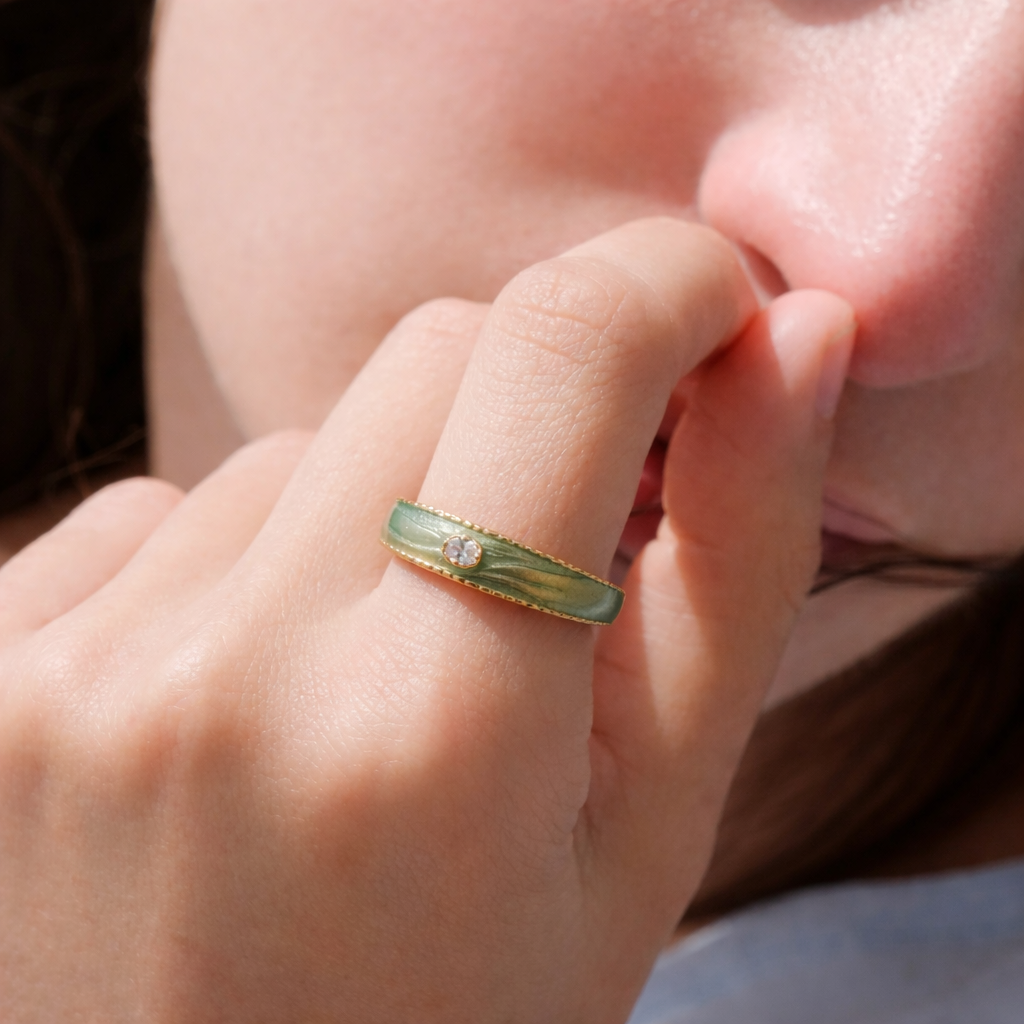 Miki Senywu Green Jade Small Diamond Enamel Ring Women'S Niche Design High-End Green Sandblasted Ring