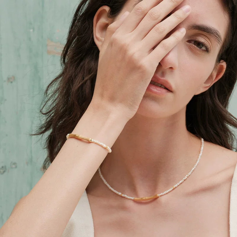 Sanswood Sengo "Golden Bamboo Guide" Brushed Bamboo Pearl Neck Chain Light Luxury Natural Flat Bead Necklace Clavicle Chain Main image