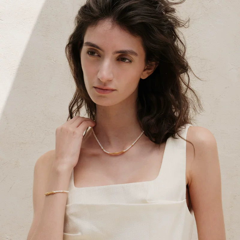 Sanswood Sengo "Golden Bamboo Guide" Brushed Bamboo Pearl Neck Chain Light Luxury Natural Flat Bead Necklace Clavicle Chain