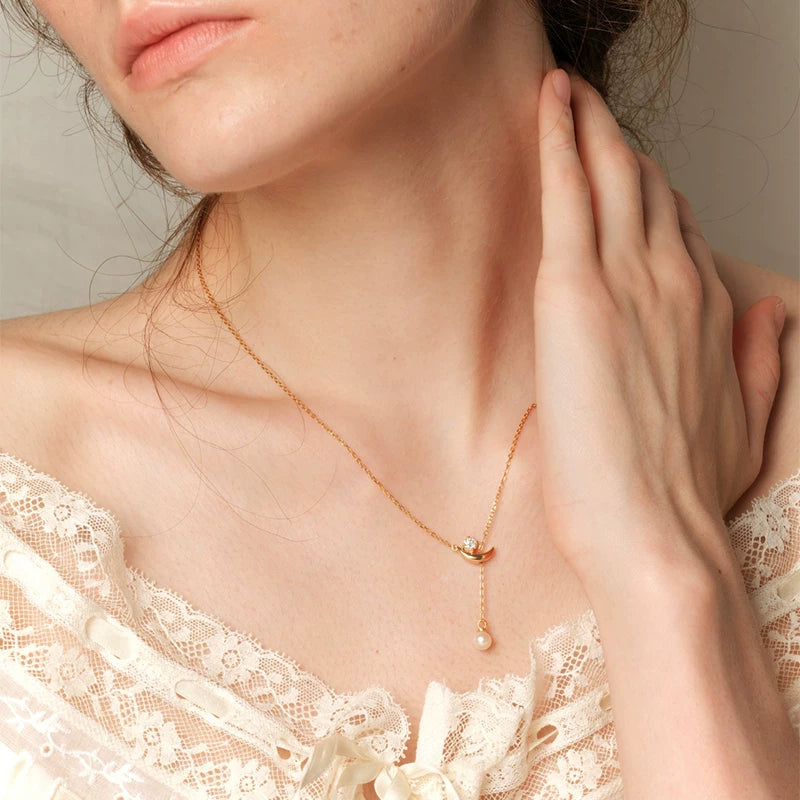 Sanswood Sengo "Moon Tide" Adjustable Pearl Necklace 𫔀 Sterling Silver Moissanite Pendant Clavicle Chain