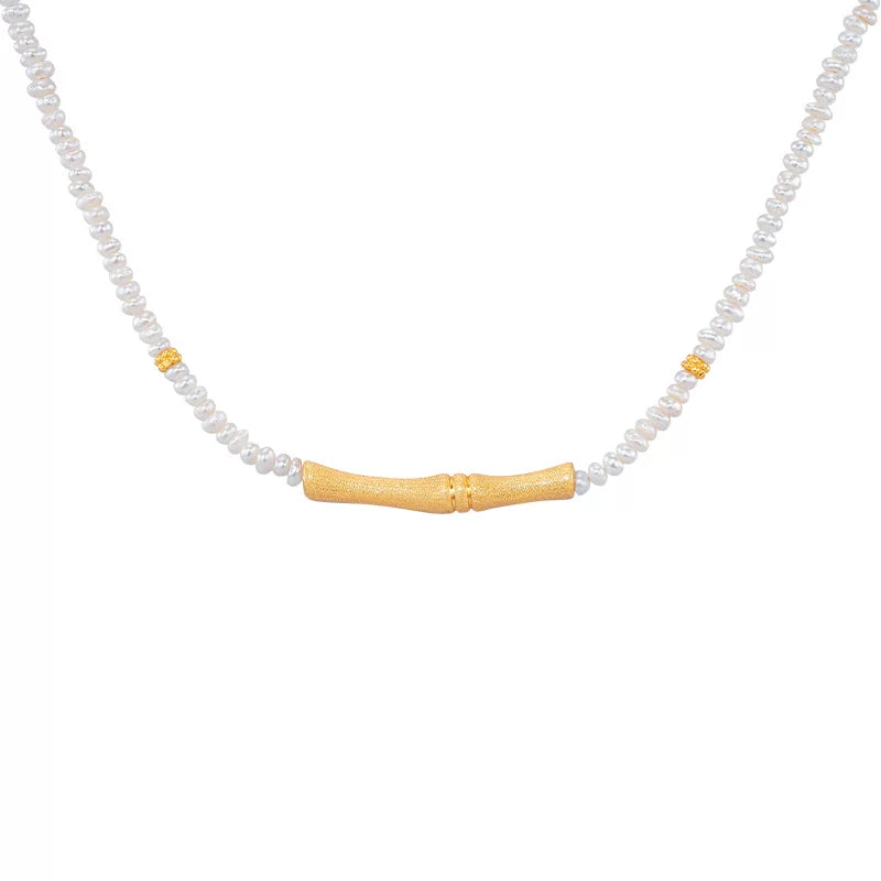 Sanswood Sengo "Golden Bamboo Guide" Brushed Bamboo Pearl Neck Chain Light Luxury Natural Flat Bead Necklace Clavicle Chain
