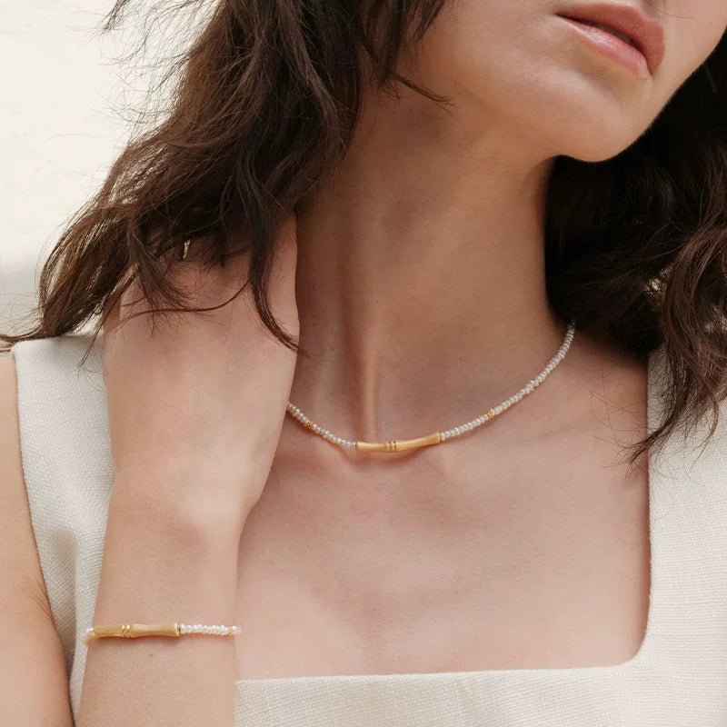 Sanswood Sengo "Golden Bamboo Guide" Brushed Bamboo Pearl Neck Chain Light Luxury Natural Flat Bead Necklace Clavicle Chain