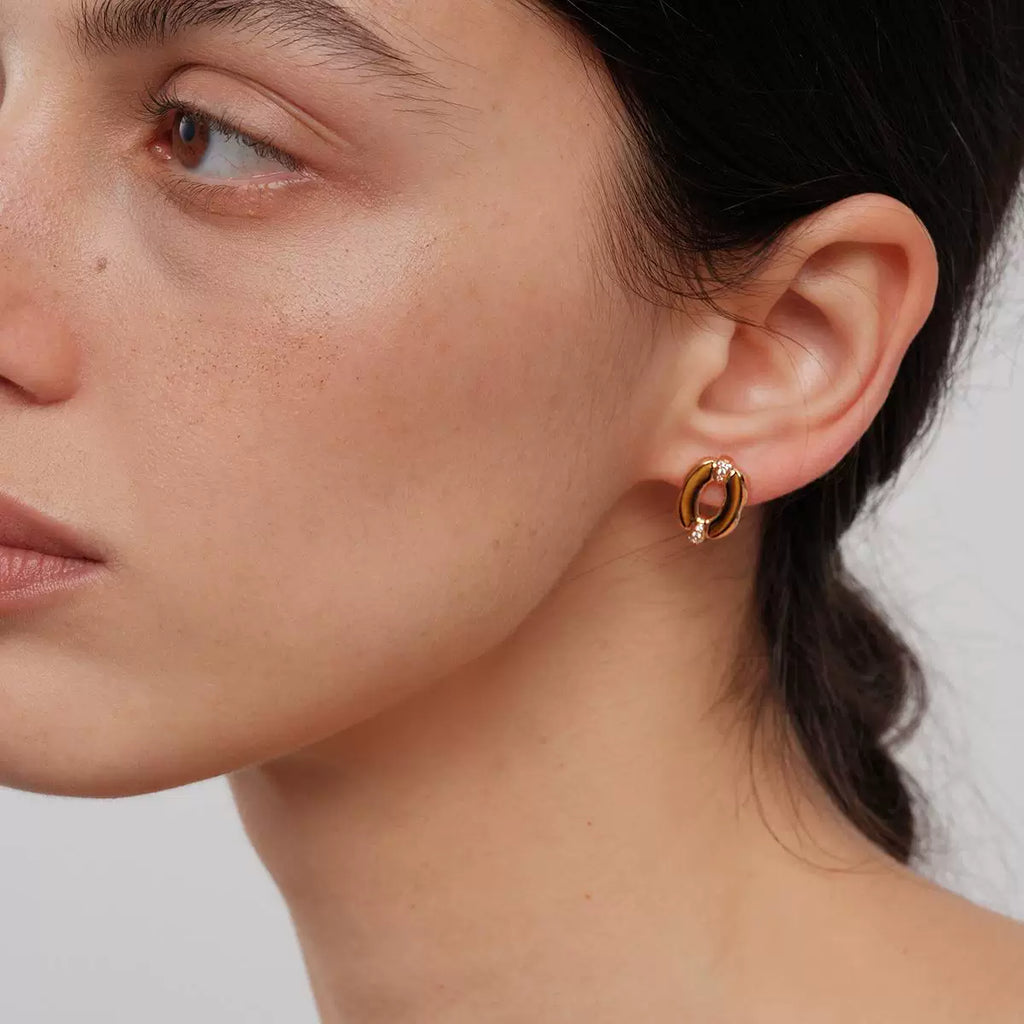 Sanswood Sengo "Havana" Retro Gold Tiger Eye Stone Earrings Cat'S Eye Texture Barn Style Earrings