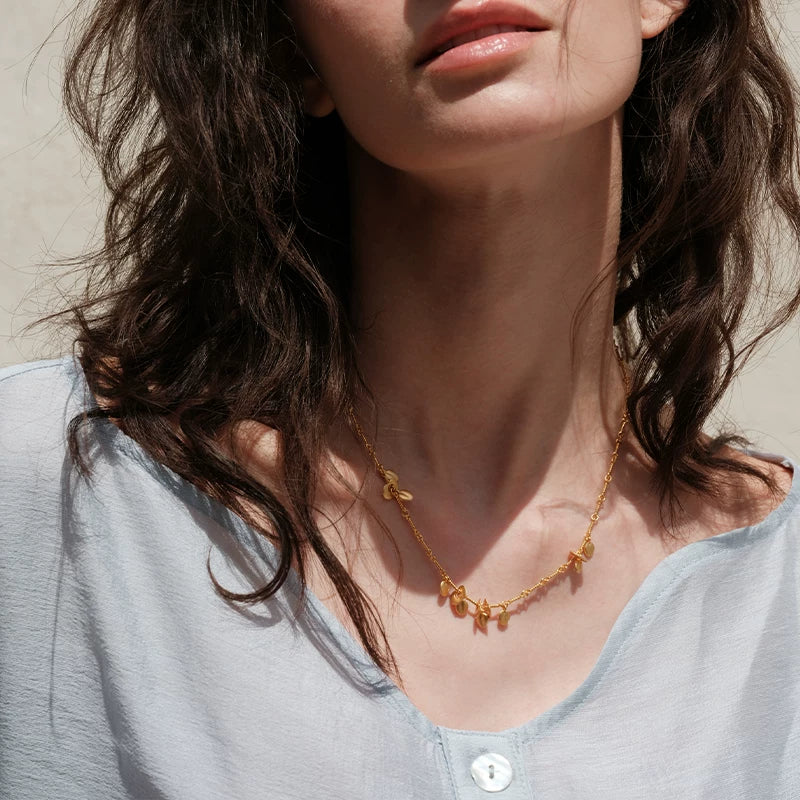 Sanswood Sengo Small Golden Bell Necklace/Simple Overlay Antique Rhinestone Leaf Clavicle Chain Stacked Holiday Style Main image